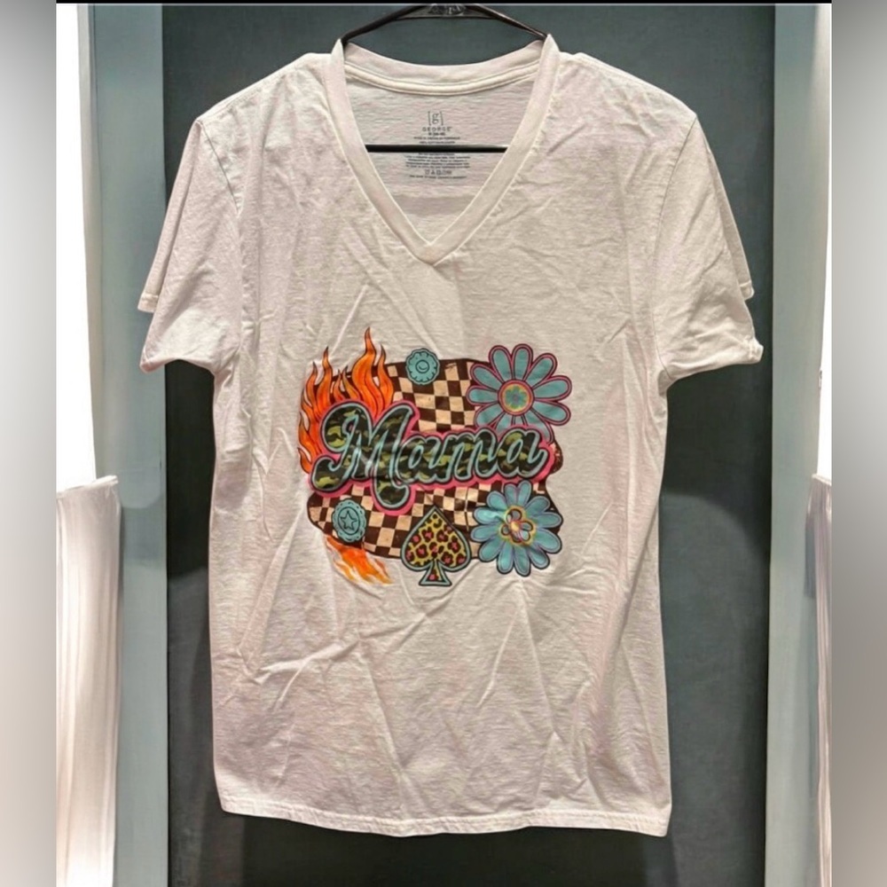 MAMA handcrafted White Graphic Tee with Floral and Flame Design MEDIUM